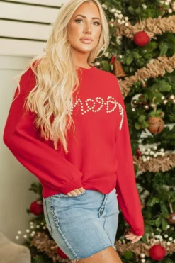 Online Dear-Lover Pearl Beaded Merry Casual Sweater Fiery Red