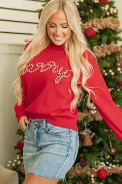 Online Dear-Lover Pearl Beaded Merry Casual Sweater Fiery Red