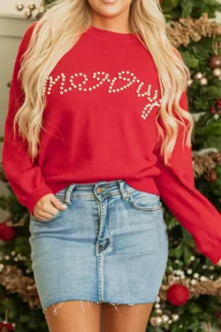 Online Dear-Lover Pearl Beaded Merry Casual Sweater Fiery Red