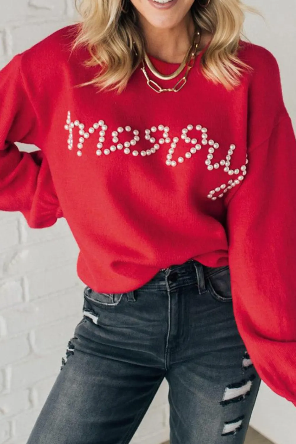 Online Dear-Lover Pearl Beaded Merry Casual Sweater Fiery Red