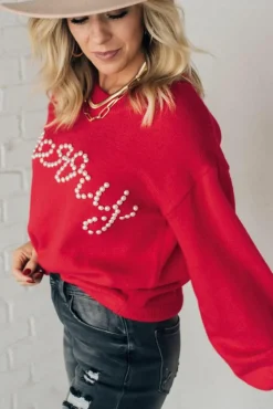 Online Dear-Lover Pearl Beaded Merry Casual Sweater Fiery Red