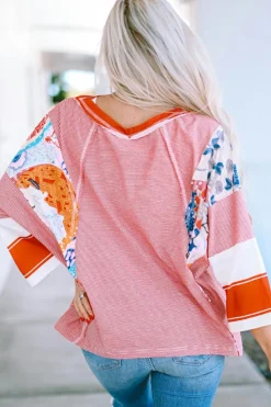 Discount Dear-Lover Pinstriped Color Block Patchwork Oversized Top Fiery Red