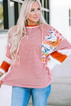 Discount Dear-Lover Pinstriped Color Block Patchwork Oversized Top Fiery Red