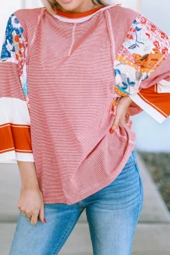 Discount Dear-Lover Pinstriped Color Block Patchwork Oversized Top Fiery Red