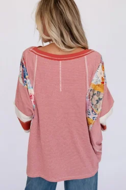 Discount Dear-Lover Pinstriped Color Block Patchwork Oversized Top Fiery Red