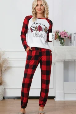 New Dear-Lover Plaid Merry Christmas Graphic Loungewear Set Fiery Red