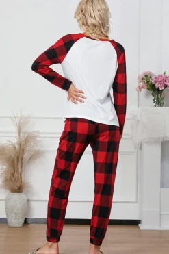 New Dear-Lover Plaid Merry Christmas Graphic Loungewear Set Fiery Red