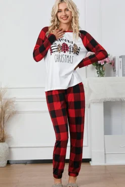 New Dear-Lover Plaid Merry Christmas Graphic Loungewear Set Fiery Red