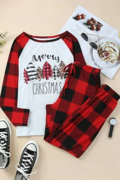 New Dear-Lover Plaid Merry Christmas Graphic Loungewear Set Fiery Red