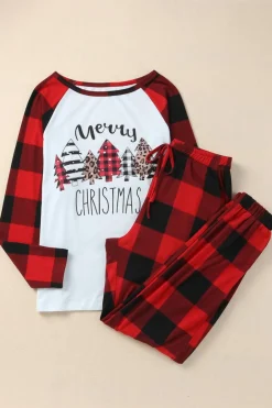 New Dear-Lover Plaid Merry Christmas Graphic Loungewear Set Fiery Red