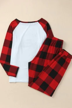 New Dear-Lover Plaid Merry Christmas Graphic Loungewear Set Fiery Red