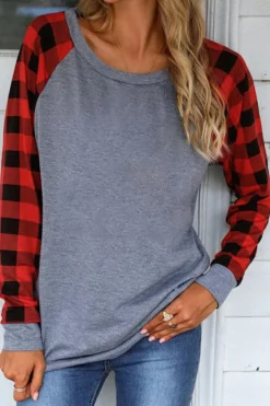 Hot Dear-Lover Plaid Raglan Long Sleeve Top Fiery Red