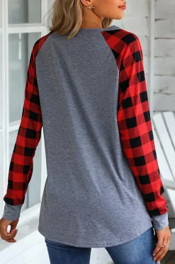 Hot Dear-Lover Plaid Raglan Long Sleeve Top Fiery Red