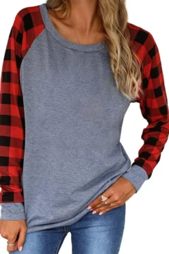 Hot Dear-Lover Plaid Raglan Long Sleeve Top Fiery Red