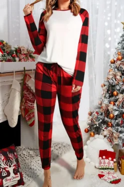 Outlet Dear-Lover Plaid Raglan Sleeves Top and Drawstring Pants Lounge Set Fiery Red