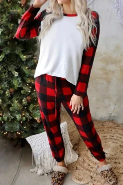 Outlet Dear-Lover Plaid Raglan Sleeves Top and Drawstring Pants Lounge Set Fiery Red