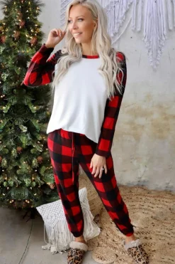 Outlet Dear-Lover Plaid Raglan Sleeves Top and Drawstring Pants Lounge Set Fiery Red