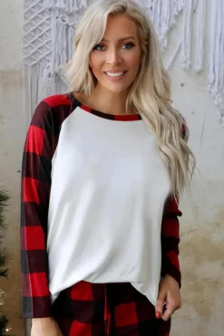 Outlet Dear-Lover Plaid Raglan Sleeves Top and Drawstring Pants Lounge Set Fiery Red