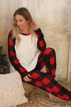 Outlet Dear-Lover Plaid Raglan Sleeves Top and Drawstring Pants Lounge Set Fiery Red