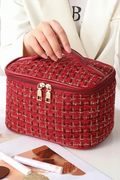 Online Dear-Lover Plaid Zipper Large Cosmetic Bag with Handle Fiery Red