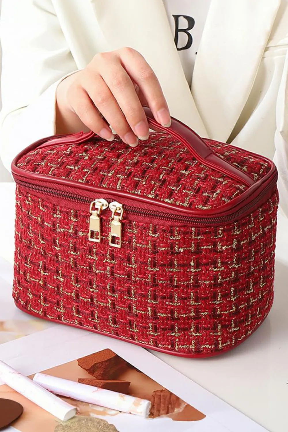 Online Dear-Lover Plaid Zipper Large Cosmetic Bag with Handle Fiery Red