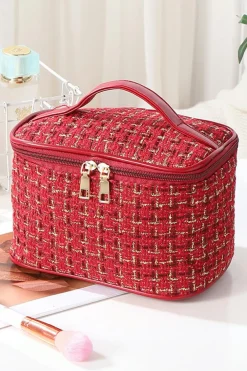 Online Dear-Lover Plaid Zipper Large Cosmetic Bag with Handle Fiery Red