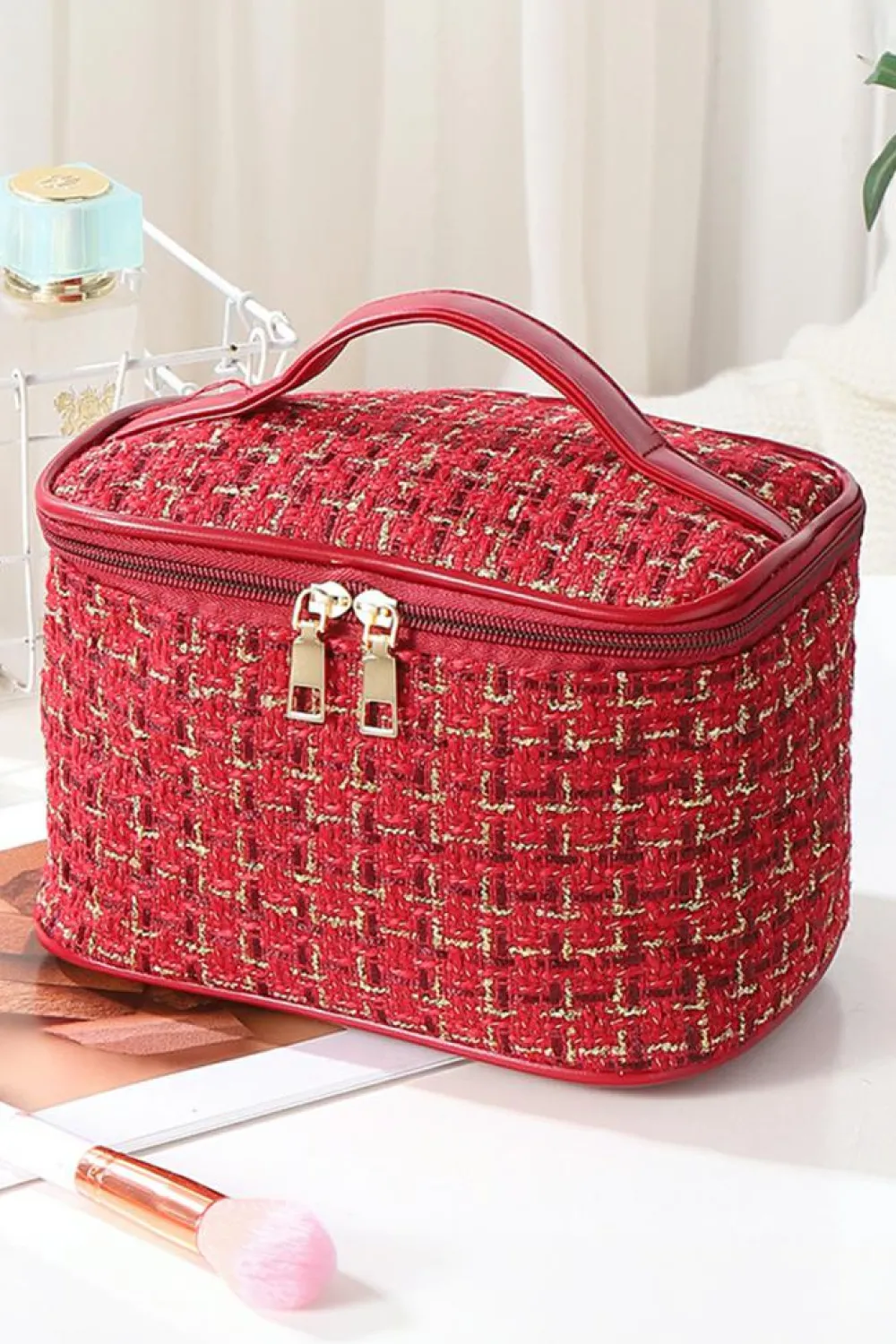 Online Dear-Lover Plaid Zipper Large Cosmetic Bag with Handle Fiery Red