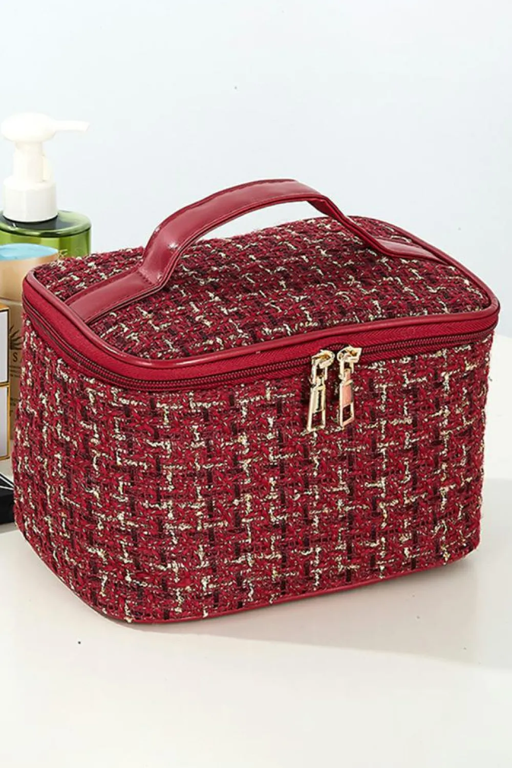 Online Dear-Lover Plaid Zipper Large Cosmetic Bag with Handle Fiery Red