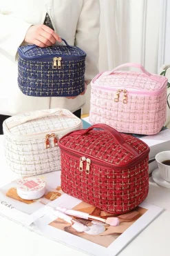 Online Dear-Lover Plaid Zipper Large Cosmetic Bag with Handle Fiery Red