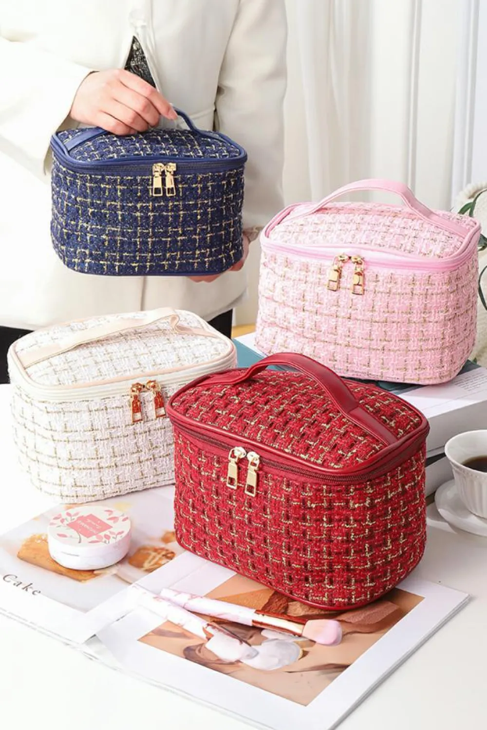 Online Dear-Lover Plaid Zipper Large Cosmetic Bag with Handle Fiery Red