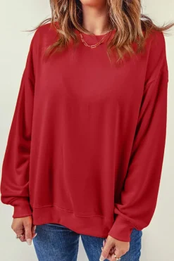 Hot Dear-Lover Fiery Red Plain Crew Neck Pullover Sweatshirt Red-2