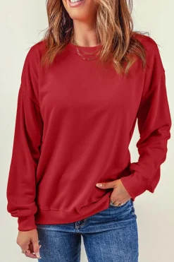 Hot Dear-Lover Fiery Red Plain Crew Neck Pullover Sweatshirt Red-2