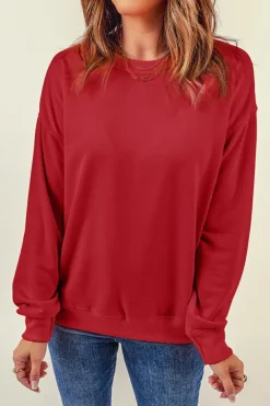 Hot Dear-Lover Fiery Red Plain Crew Neck Pullover Sweatshirt Red-2
