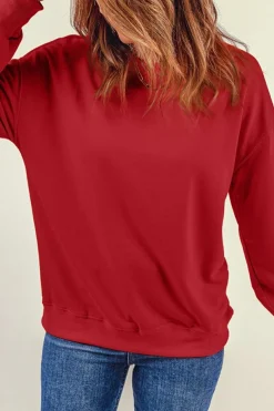 Hot Dear-Lover Fiery Red Plain Crew Neck Pullover Sweatshirt Red-2