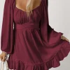 Hot Dear-Lover Plain Ruffled High Waist Square Neck Mini Dress Fiery Red