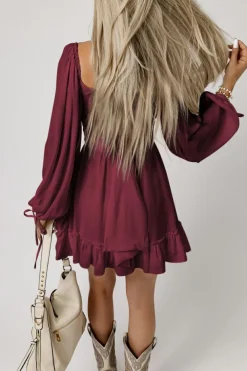 Hot Dear-Lover Plain Ruffled High Waist Square Neck Mini Dress Fiery Red