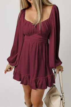 Hot Dear-Lover Plain Ruffled High Waist Square Neck Mini Dress Fiery Red