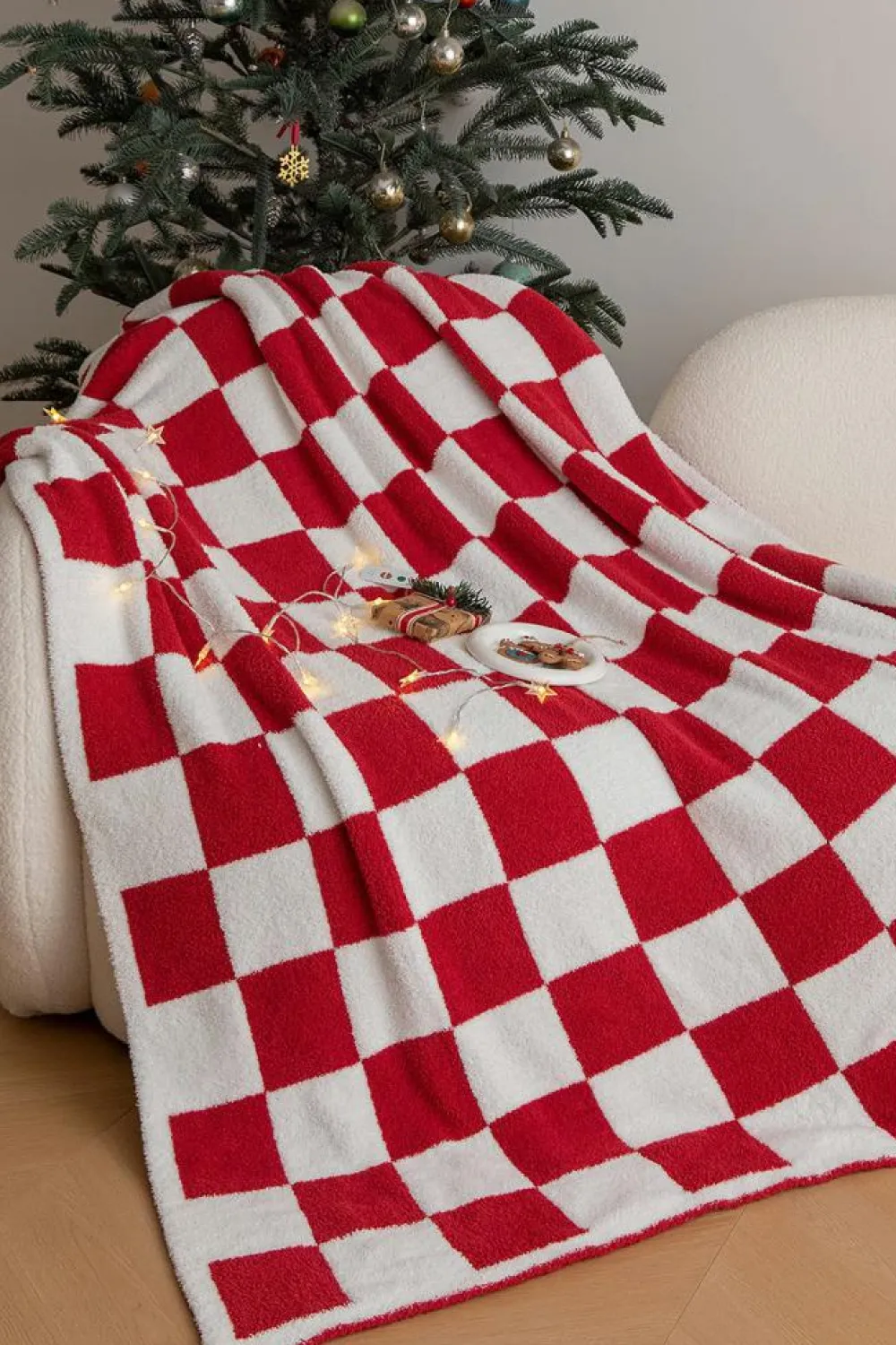 Sale Dear-Lover Plush Checkered Print Sofa Blanket 127*152cm Fiery Red