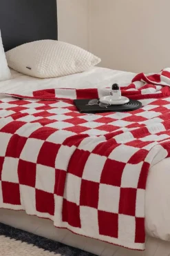 Sale Dear-Lover Plush Checkered Print Sofa Blanket 127*152cm Fiery Red