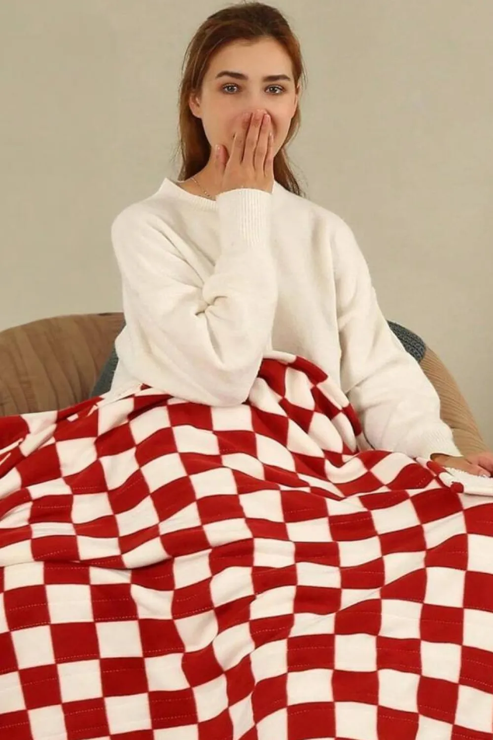 Sale Dear-Lover Plush Checkered Print Sofa Blanket 127*152cm Fiery Red