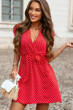 Hot Dear-Lover Polka Dot V Neck Ruffle Sleeve Dress Fiery Red