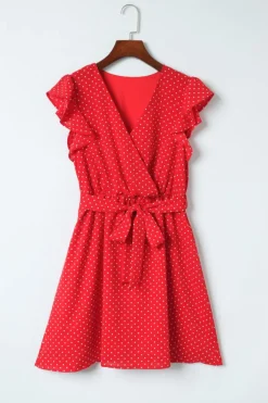 Hot Dear-Lover Polka Dot V Neck Ruffle Sleeve Dress Fiery Red