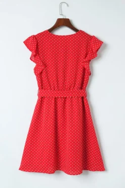 Hot Dear-Lover Polka Dot V Neck Ruffle Sleeve Dress Fiery Red