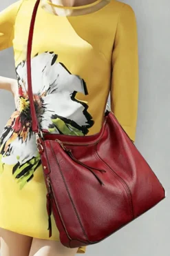 Outlet Dear-Lover PU Leather Dual Belted Large Tote Bag Fiery Red