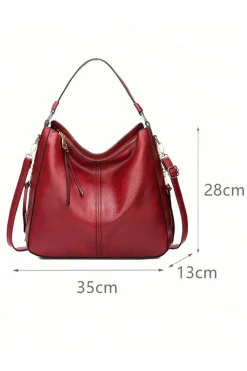 Outlet Dear-Lover PU Leather Dual Belted Large Tote Bag Fiery Red