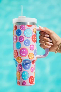 Outlet Dear-Lover Rainbow Smiley Face Pattern Tumbler with Straw 40oz Fiery Red