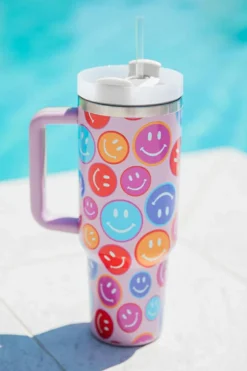 Outlet Dear-Lover Rainbow Smiley Face Pattern Tumbler with Straw 40oz Fiery Red