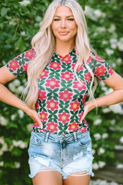 Best Dear-Lover Retro Floral Print Crew Neck T Shirt Fiery Red