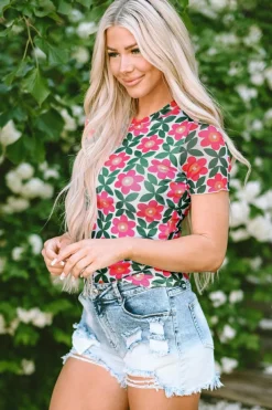 Best Dear-Lover Retro Floral Print Crew Neck T Shirt Fiery Red