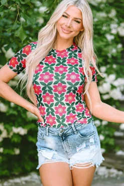 Best Dear-Lover Retro Floral Print Crew Neck T Shirt Fiery Red